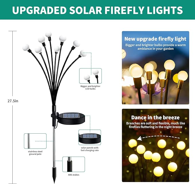 Solar Garden Lights, 6Pack 48LED Outdoor Firefly Lights Solar Decorations Lights Waterproof Firefly Lights Swaying in The Wind, Big Bulb Vibrant Firefly Lights for Yard Patio Pathway Decor