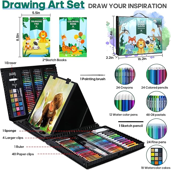 Art Supplies Kit, 276 PCS Art Set for Kids, Art Kits, Art Drawing Kit with Double Sided Trifold Easel Box with Oil Pastels, Crayons, Colored Pencils, Paint Brush, Watercolor Cakes