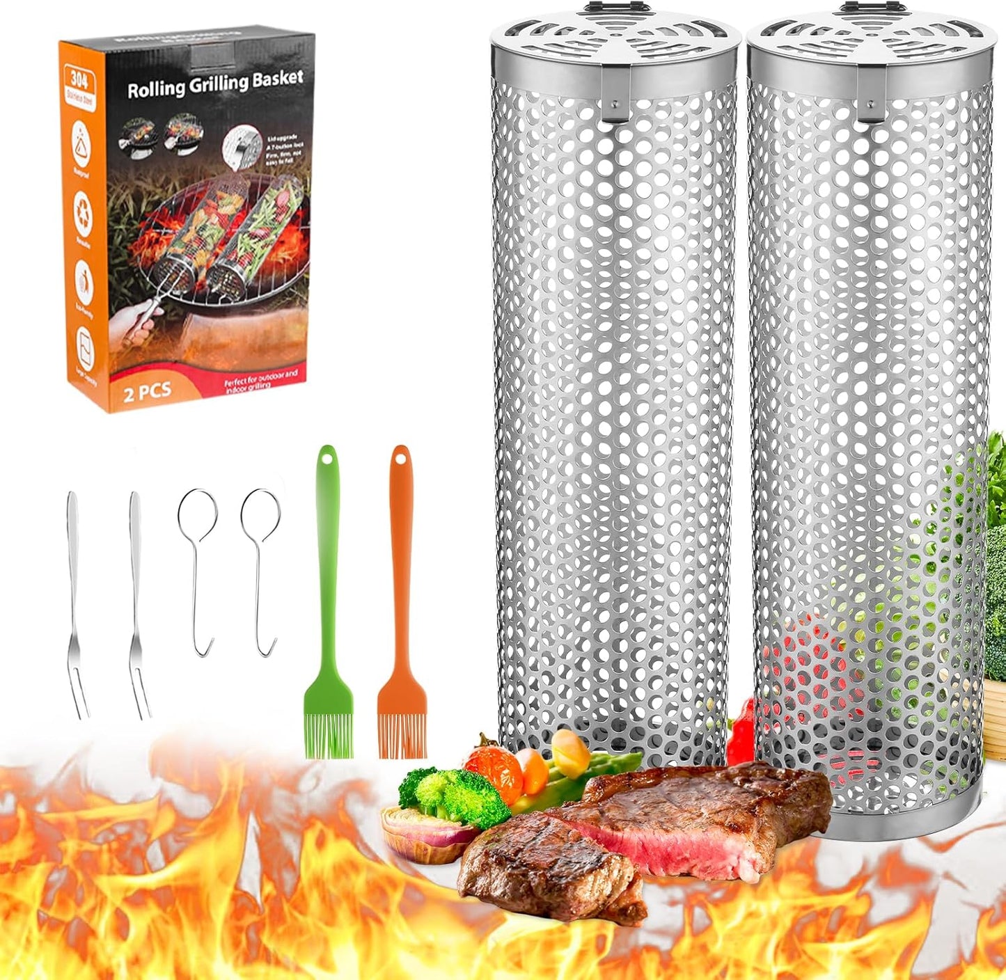 Grill Basket for Outdoor Camping,BBQ Grill Basket, Rolling Grilling Basket, Stainless Steel Grill Mesh Barbeque Grill Accessories, Portable Grill Baskets for Fish, Meat, Gifts for Men Dad Husband