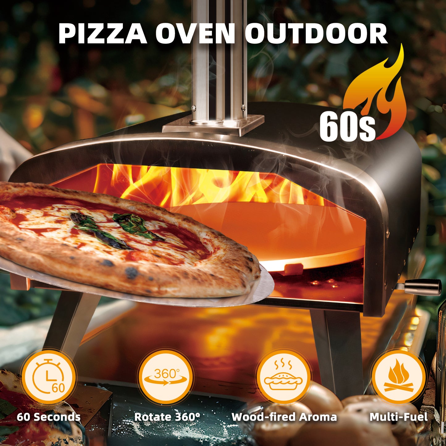 BAKEJOY 12" Rotatable Wood & Charcoal Pizza Oven: Outdoor Pizza Maker for Backyard & Camping